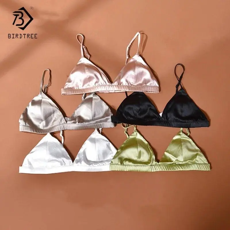93% Silk 7% Spandex Bra,Women Wireless Triangle Cup Bralette Linerie Underwear,Healthy 2025 Autumn NewA5N213JF