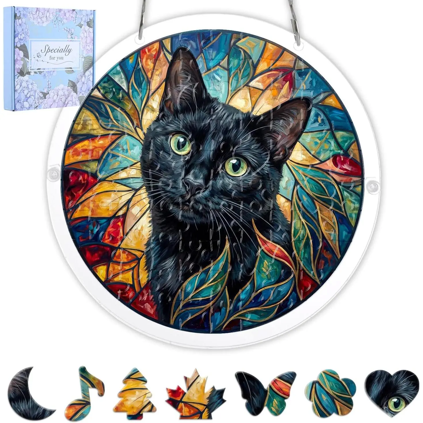 DIY Acrylic Jigsaw Puzzle Suncatcher Kit - 7.4in Black Cat Light-Up Window Decor, Magical Tree Hanging Home Supply, Cat Lover Gift for Women, Stained Glass Diy Kit