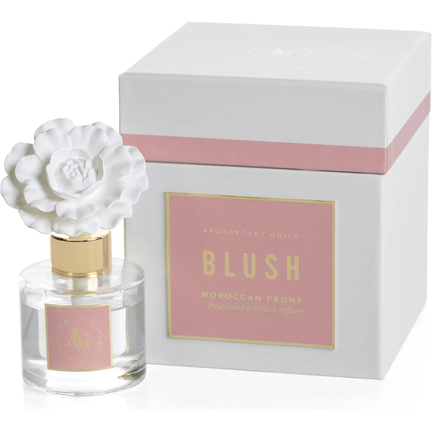 Blush Porcelain Oil Diffuser, 1.69 oz - Moroccan Peony | Porcelain flower diffusers for home, Vibrant floral and sunny garden fragrance, Gift box included, Ideal for gifting