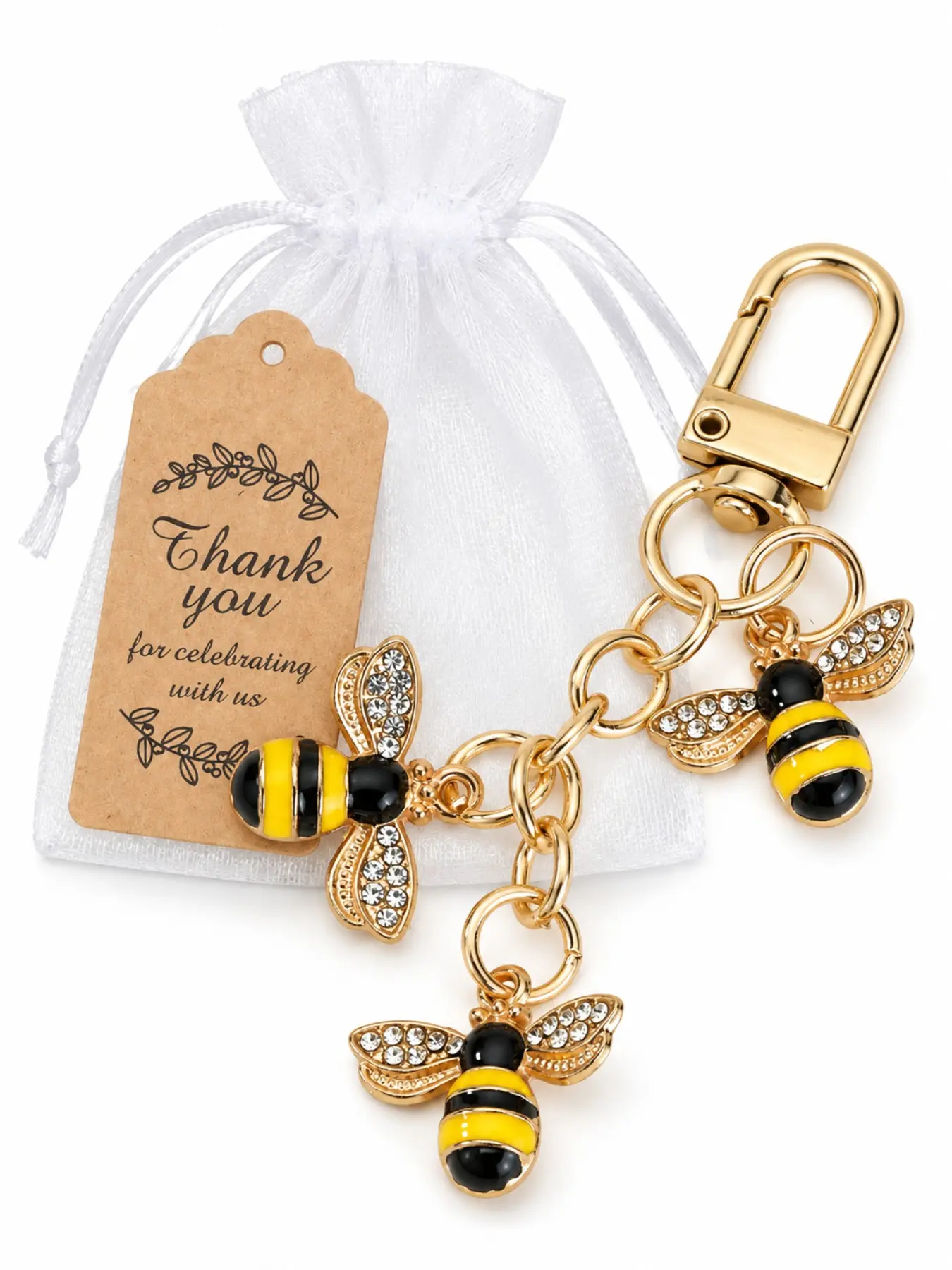 Cute Bee Daisy Enamel Keychain Charm Pendant, Aesthetic Floral Bag Keyring Trinket with Gift Tag & Organza Pouch, Trendy Backpack Purse Handbag Accessory Gift for Women Girls Teens