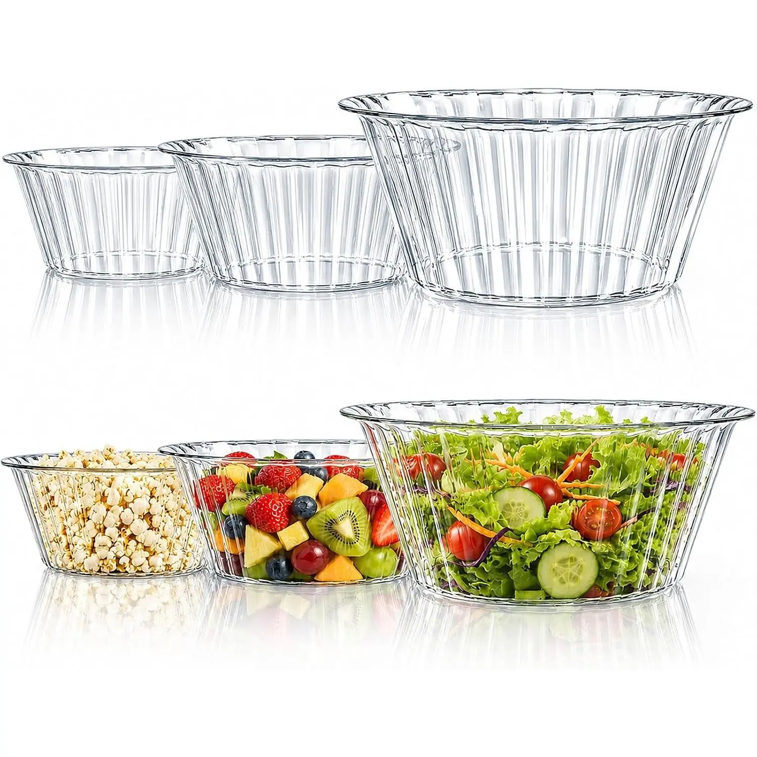 6 Pack Clear Plastic Salad Bowls, Stackable Serving Bowls with Vertical Ribbed Design, 3 Sizes Nesting Bowls for Kitchen, Meal Prep, Fruits, Salads, Parties and Daily Use
