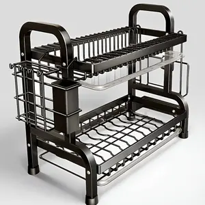 Kitchen Organizer Rack with Drying Tray and Utensils, Two-Tier Bowl Holder, Space-Saving Design, Adjustable Storage, Modern Kitchen Counter Storage, Includes 2 Plates