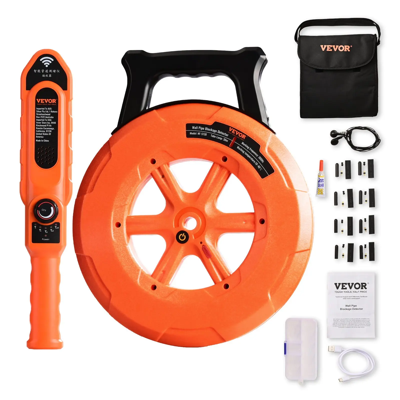 VEVOR Pipe Locators, 100ft/30m PVC Pipe Locators Underground, IP67 Waterproof Pipe Blockage Detector with Adjustable Sensitivity, Sewer Wall Scanner Plumbing Tool for PVC Plastic Metal Water Pipes