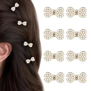 Mini Hair Bows for Women Girls 8Pcs Cute Metal Pearl Bow Duck Bill Hair Clips Small Alligator Clip Chic Hair Barrettes for Styling, Bangs, Sweet & Elegant Hair Accessories (White)