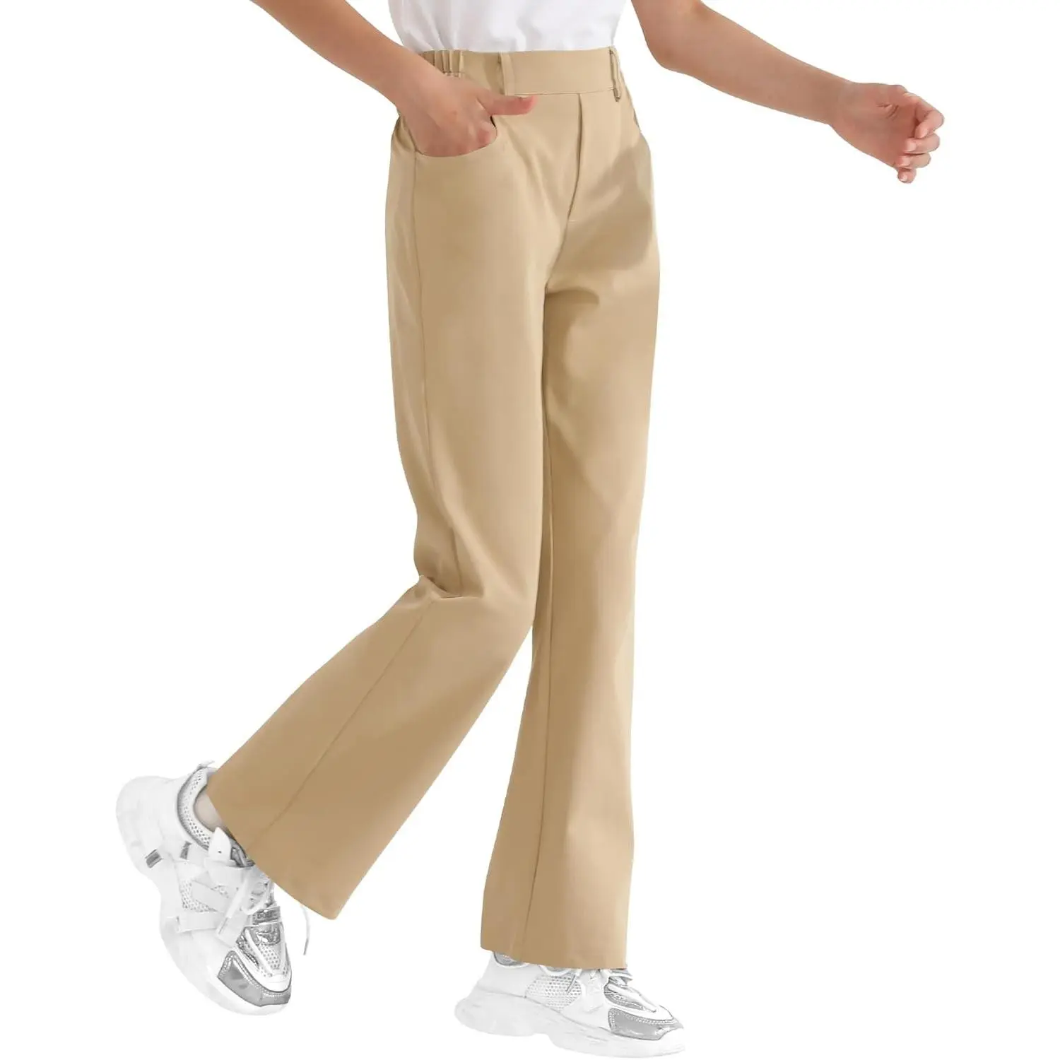 Girls Flare Dress Pants, Bootcut School Uniform Slacks Half Elastic Waist, Kids Flare Dress Pants Bootcut School Uniform Slacks with Half Elastic Waist Size 6-15 Years
