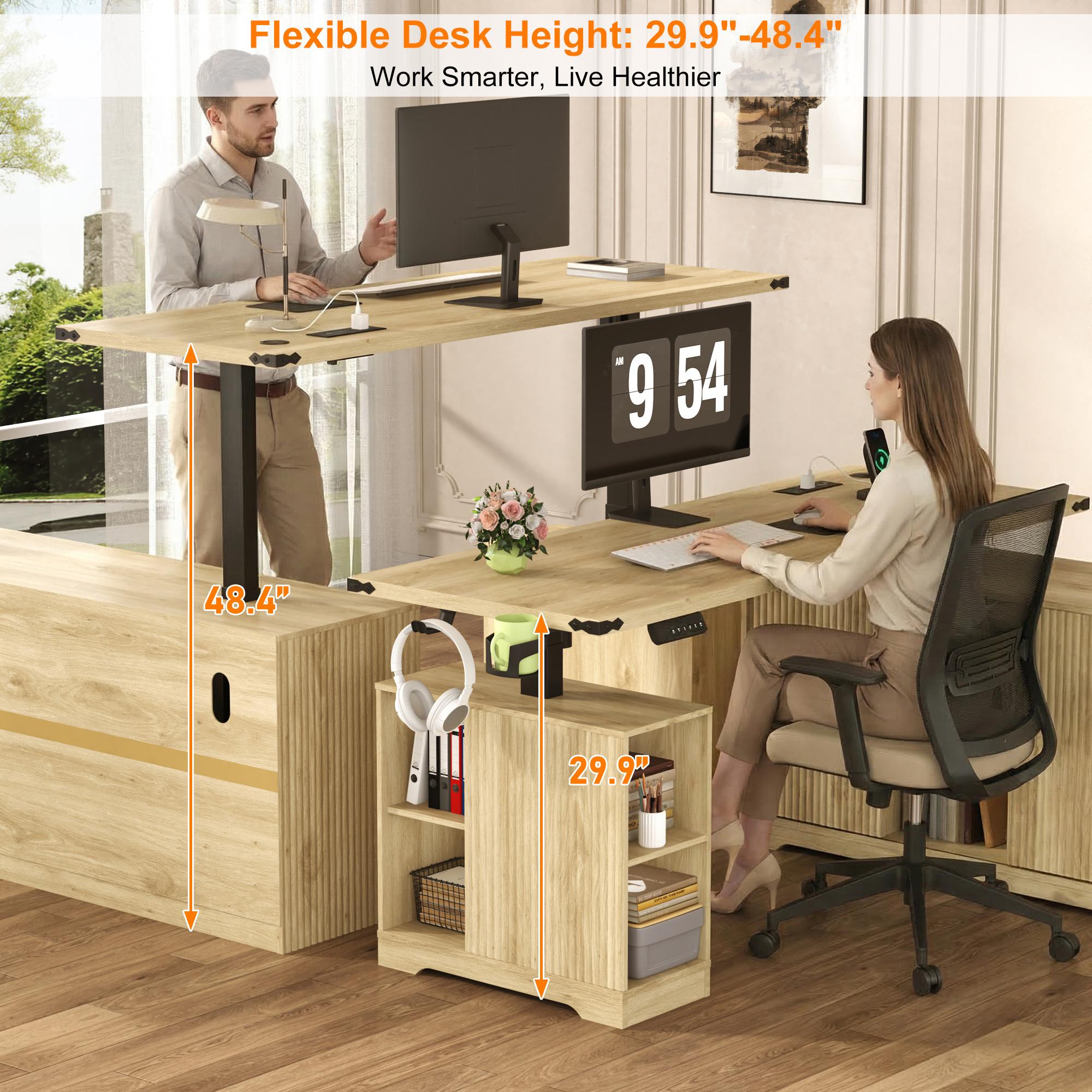 63" L-Shaped Electric Standing Desk, Executive Standing Desk with File Cabinet, Height Adjustable Sit Stand Desk with Storage Shelves & Drawers, Corner Computer Desk with Power Outlet, Brown/Light Oak