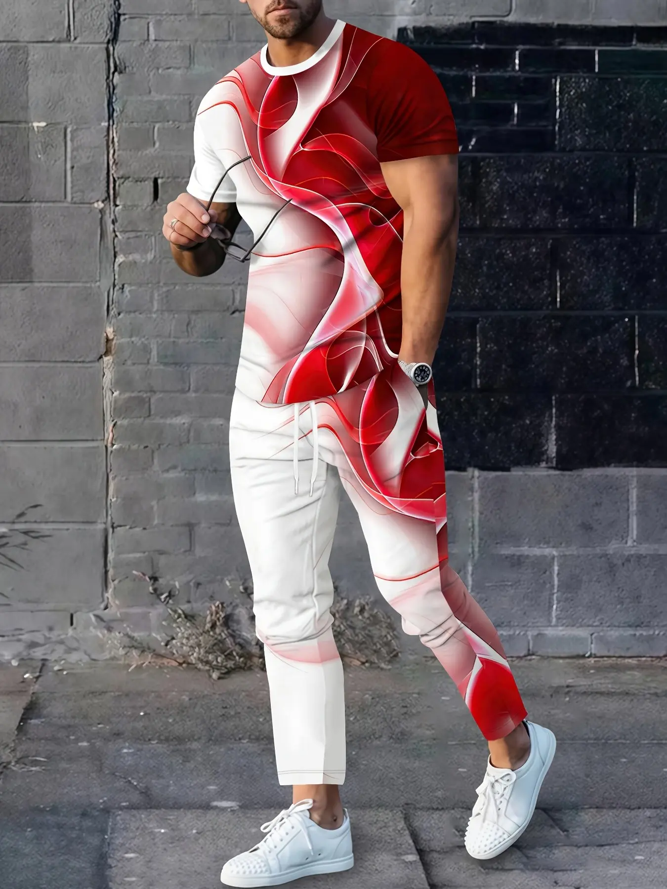 Men Abstract Fluid Gradient Swirl Print 2 Piece Outfit Short Sleeve T-shirt & Long Pants Casual Tracksuit