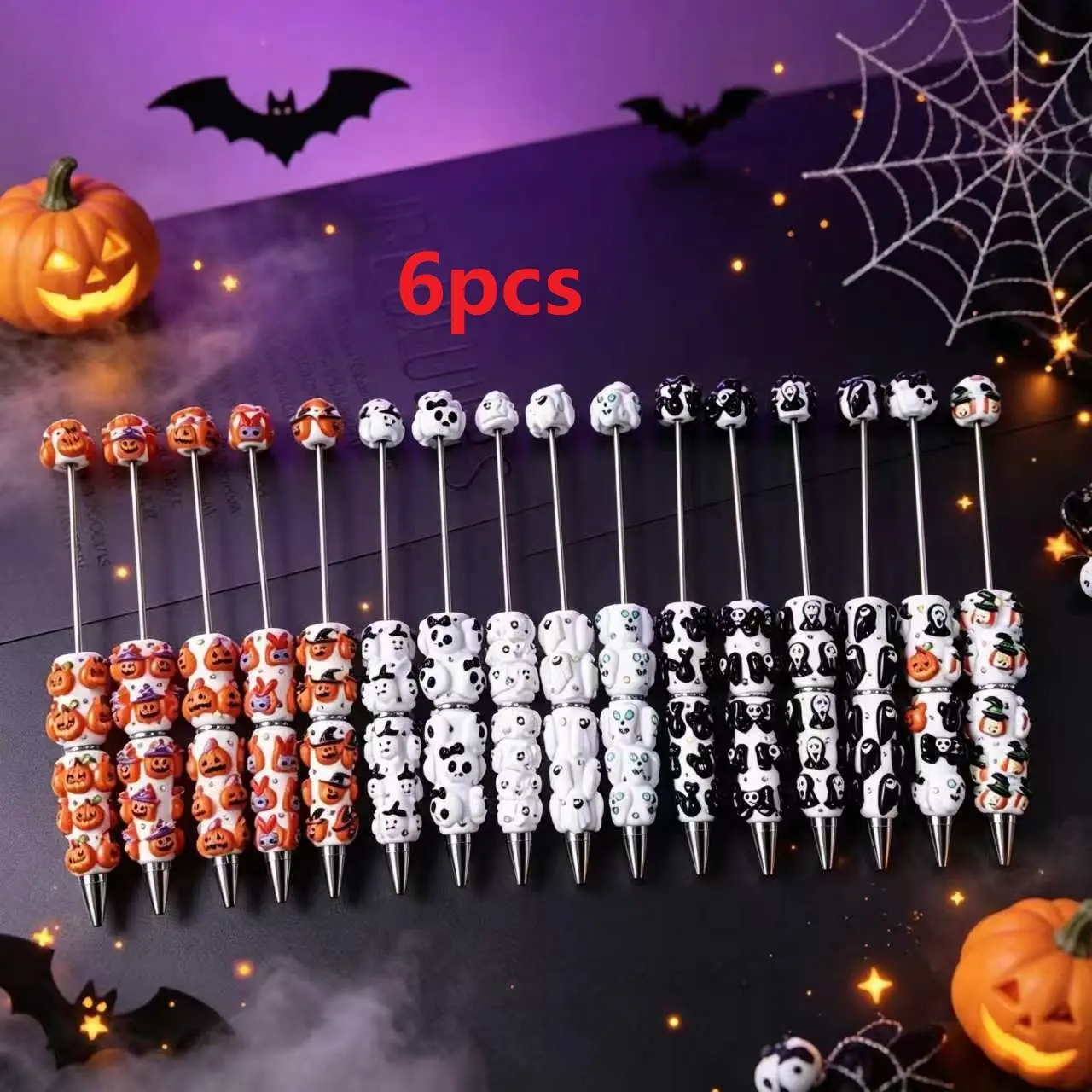 6pcs DIY Halloween Rhinestone Beaded Pens, Ink, Creative Clay Ballpoint Pens, Elegant Pumpkin Skull Gift Pens, Office Essentials, Beadable Pens