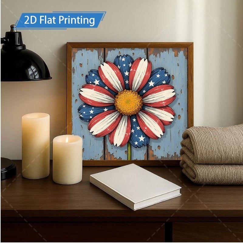 8x8inch Horizontal Wooden Sign - Patriotic Daisy Flag Framed Wall Art, Rustic Farmhouse USA Theme Suitable for Kitchen Bathroom Living Room Decor, Thick Wood Board Decoration for Home Gifts, Tabletop or Hanging Display,250th Anniversary