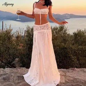 Women 2 Piece Cover Up Set Tie-up Cami Tops and Patchwork Lace Low Rise Long Skirt for Beach Party