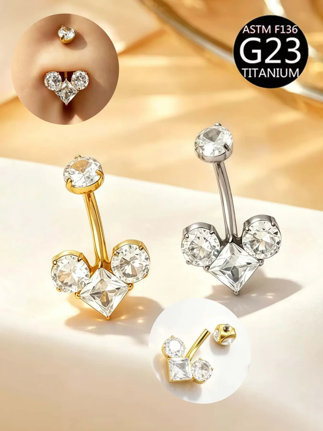 G23 Titanium Zircon Belly Button Ring, Square Round Drill Bent Rod Piercing, Luxury Sparkling Jewelry, Perfect Gift for Friends and Lovers