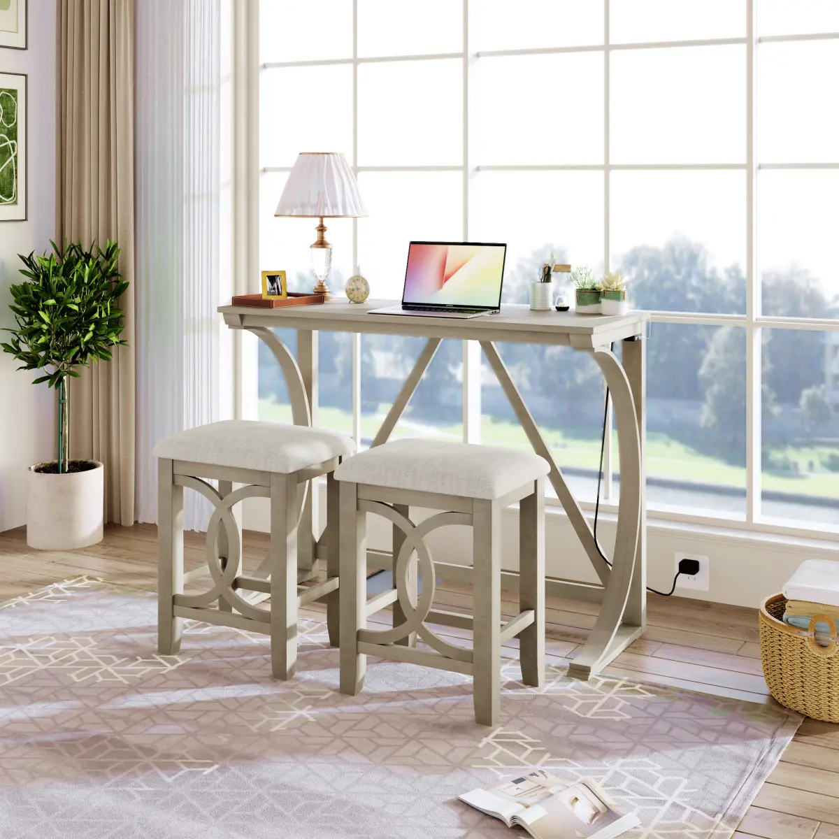AobtkelTOPMAX Farmhouse 3-Piece Counter Height Dining Table Set with USB Port and Upholstered Stools,Milky White   WL
