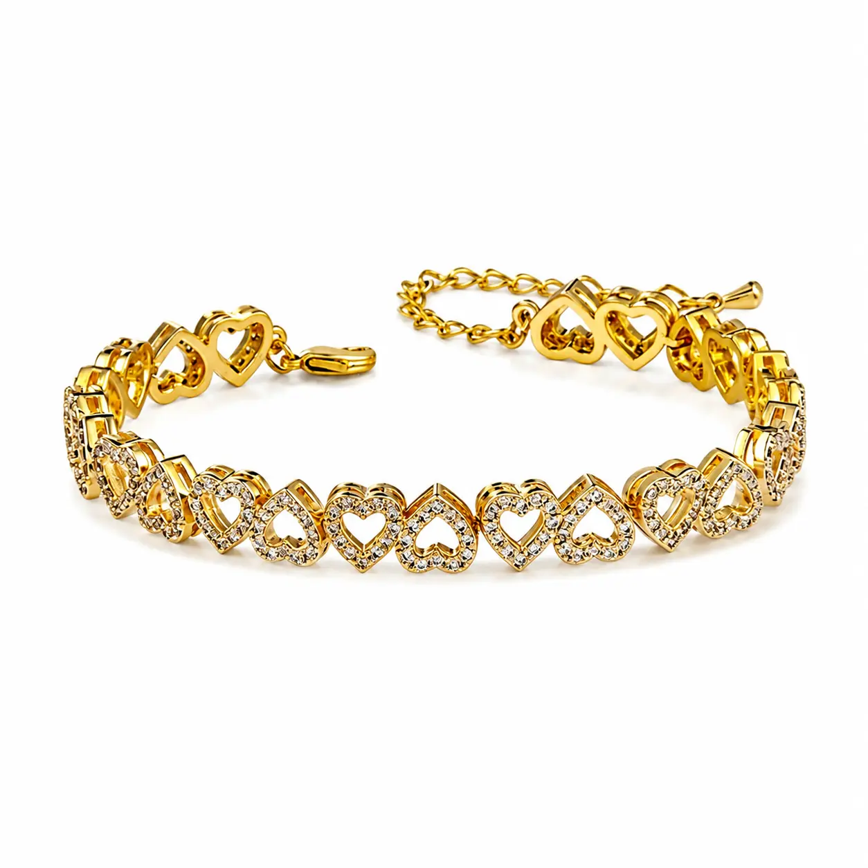 Sparkle Hearts Link Bracelet for Women, Elegant Gold Plated Brass Base with Adjustable Size, Anniversary Gifts for Her