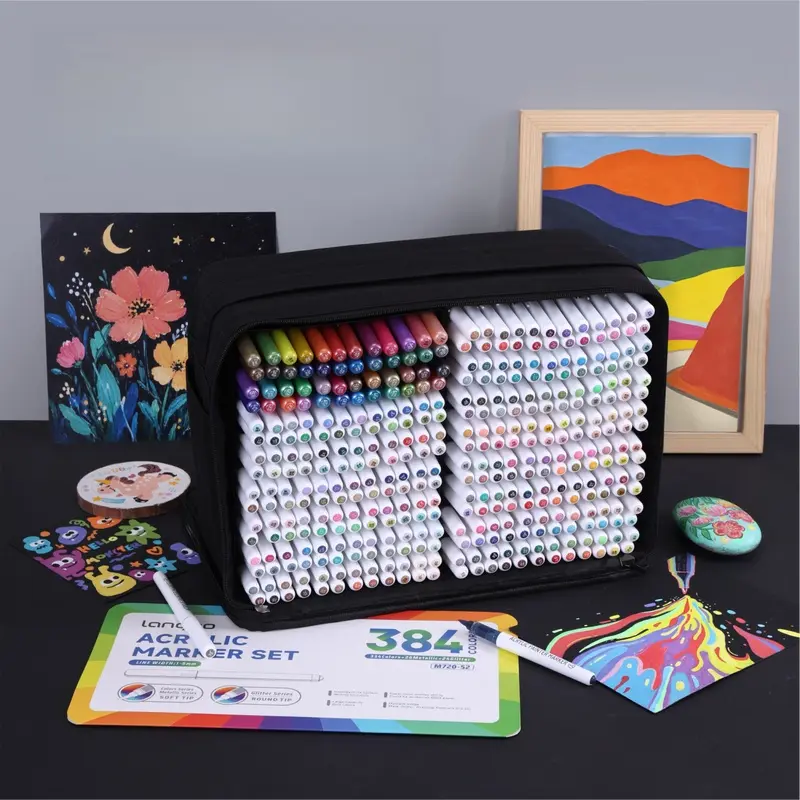 384 Colors Acrylic Markers, Premium Soft Brush Tip Paint Pens Set with Organizer Case, Vibrant Acrylic Ink Markers for Art, Canvas, Wood, Glass and Fabric