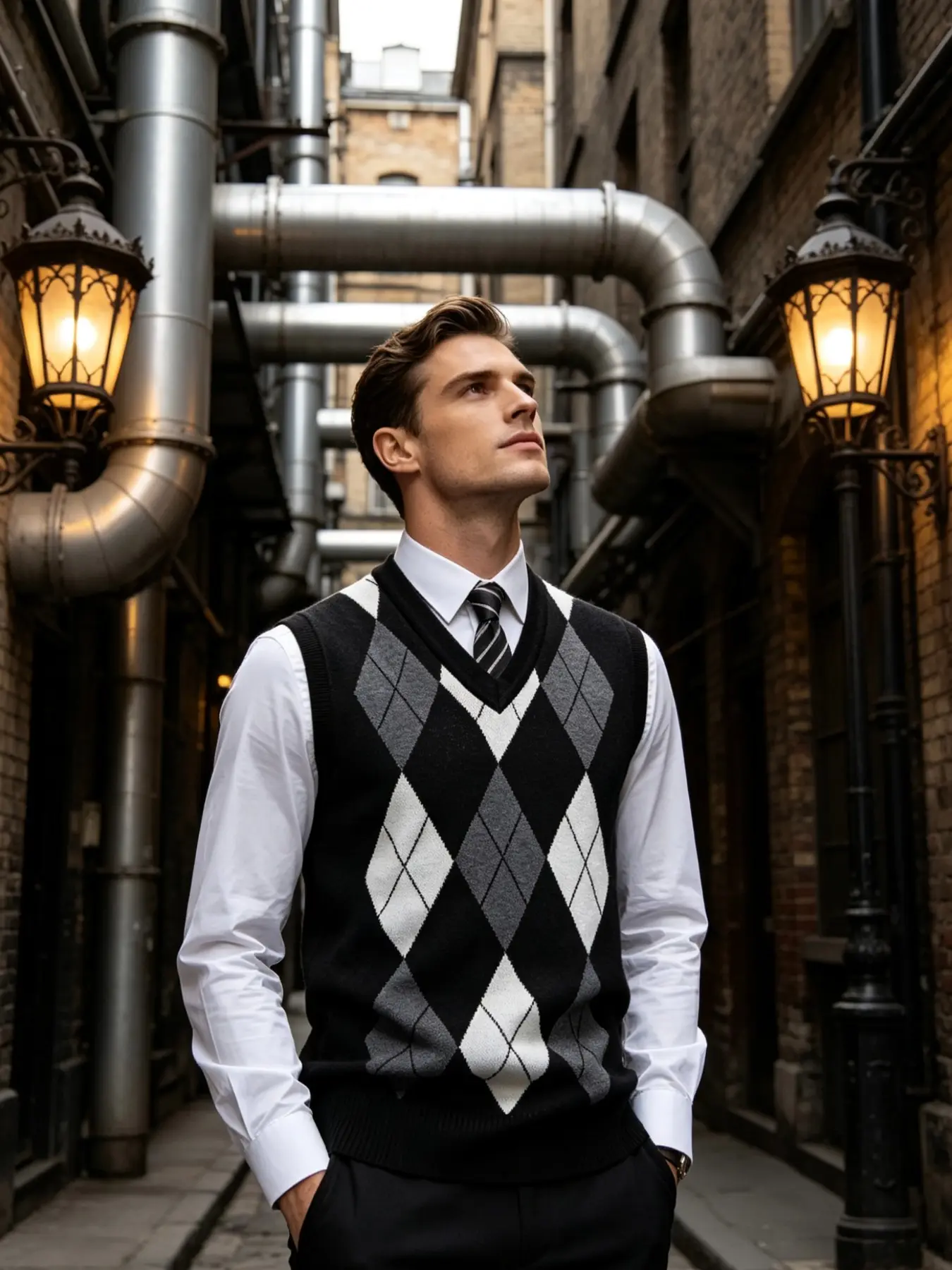 Men's Casual Knit Vest, V-Neck Sleeveless Colorblock Design, Spring & Fall Business Wear, Retro Houndstooth Pattern, Unlined