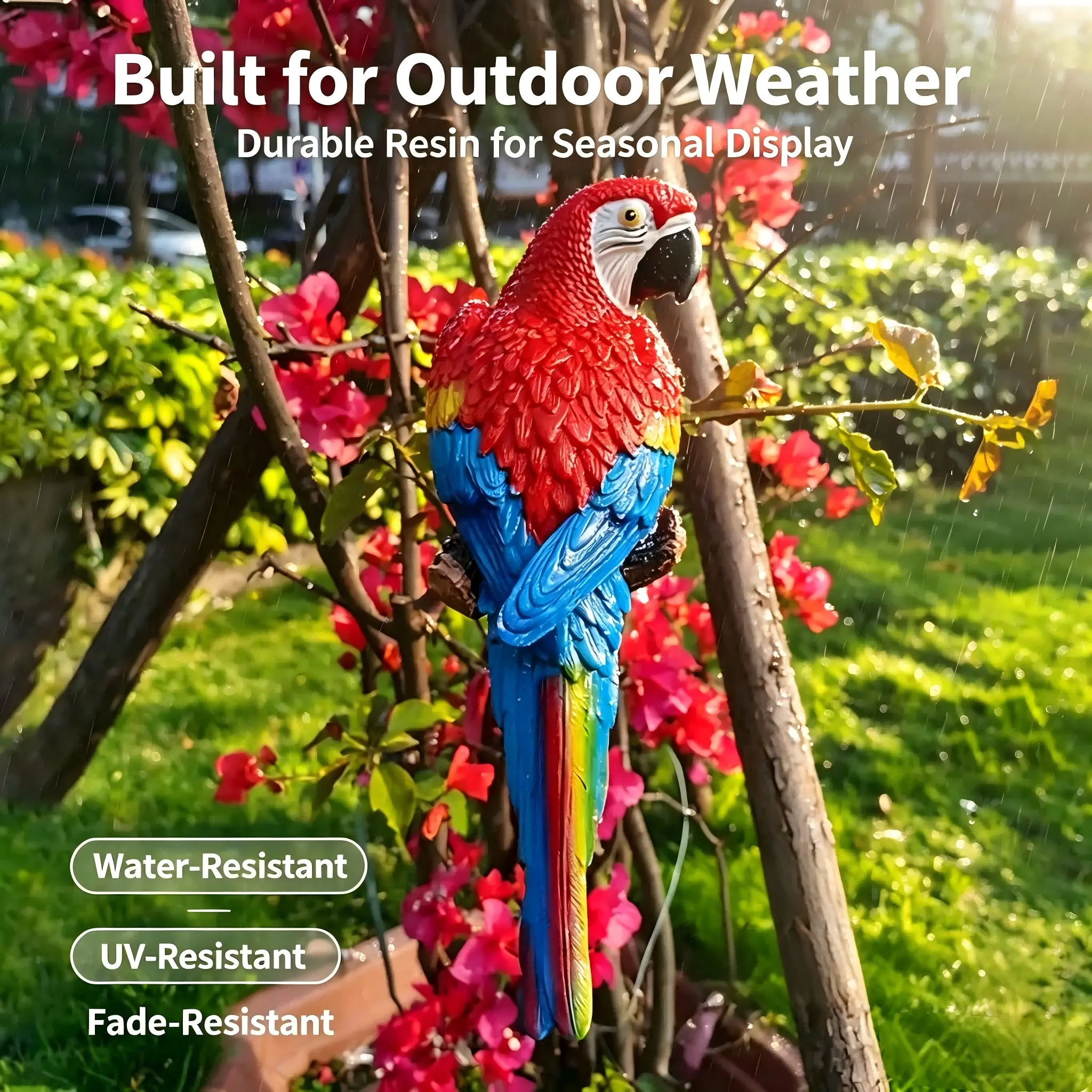 Realistic Resin Parrot Sculpture, 12.5 Inch Artificial Parrot Decor, Tropical Bird Ornament for Garden, Patio, Wall, Blue Colors