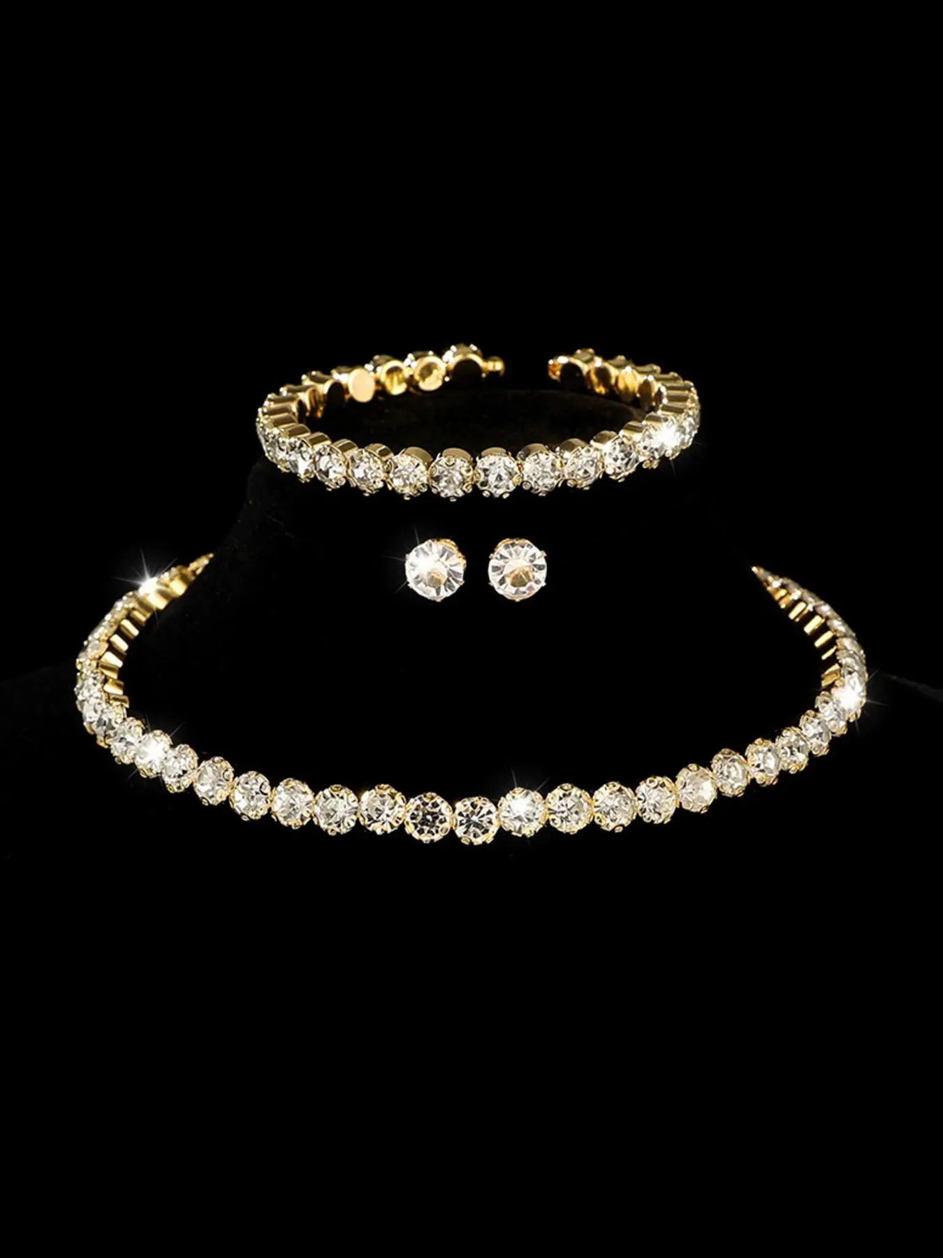 3 Pieces Wedding Bridal Rhinestone Jewelry Set, Clear Crystal Choker Necklace Bracelet Stud Earrings, Elegant Formal Party Accessories For Bride Bridesmaid Prom