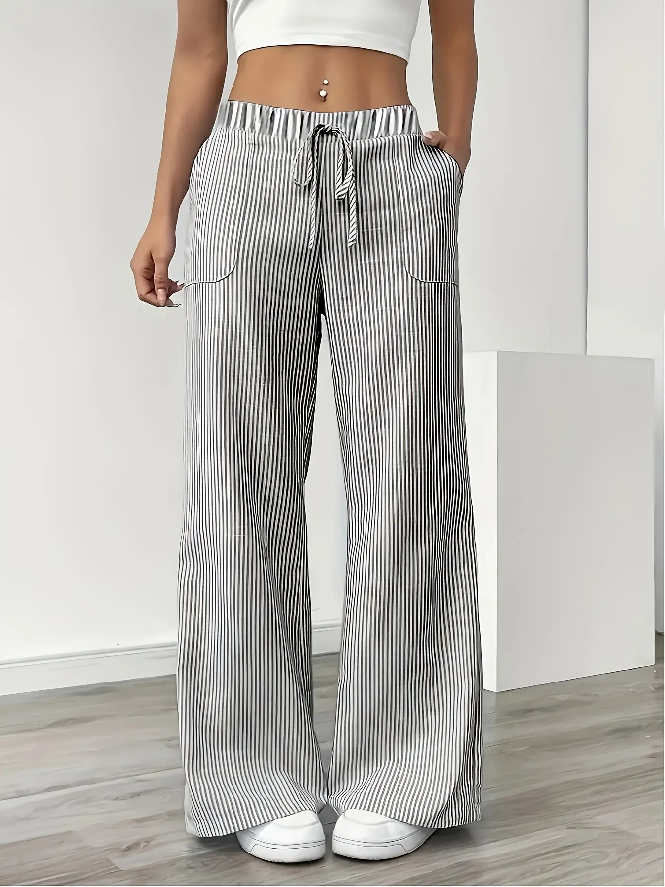 Women's Elegant Casual Wide Leg Pants, Slant Pocket Striped Loose Drawstring Waist, Lightweight Breathable Fabric for Spring Summer Fall