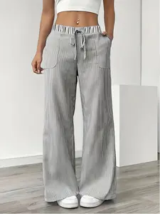 Women's Elegant Casual Wide Leg Pants, Slant Pocket Striped Loose Drawstring Waist, Lightweight Breathable Fabric for Spring Summer Fall