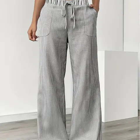 Women's Elegant Casual Wide Leg Pants, Loose Straight Trousers, Slant Pocket Striped Loose Drawstring Waist, Lightweight Breathable Fabric for Spring Summer Fall