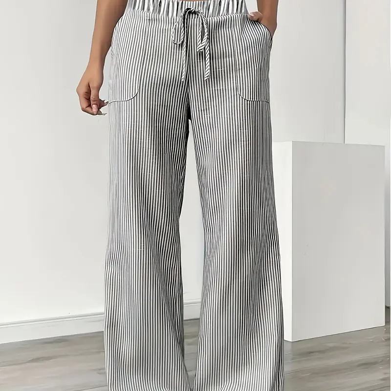 Women's Elegant Casual Wide Leg Pants, Loose Straight Trousers, Slant Pocket Striped Loose Drawstring Waist, Lightweight Breathable Fabric for Spring Summer Fall