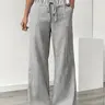 Women's Elegant Casual Wide Leg Pants, Loose Straight Trousers, Slant Pocket Striped Loose Drawstring Waist, Lightweight Breathable Fabric for Spring Summer Fall
