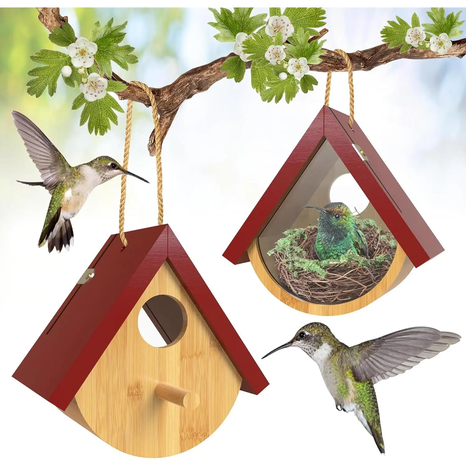 2 Pack Hummingbird Houses, Wooden Window View Bird Houses for Outside |   Hanging Chickadee House for Indoor Outdoor, Red Roof Style, with Hemp Ropes, Easy Cleaning Access, for Tree , Yard Decor