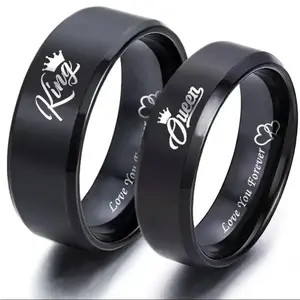King & Queen Engraved Couple Ring Set, Black Plated Promise Rings with Crown & Pinky Promise Design, Matching His & Hers Wedding Bands