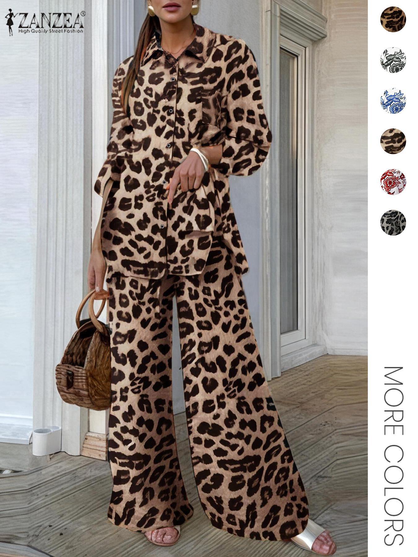 Two-piece Set Women's Leopard Print Button Front Shirt & Elastic Waist Wide Leg Pants, Casual Long Sleeve Pocket Collared Top & Tie Front Trousers for Daily Wear, Ladies Fall & Winter Clothes, Flared Pants Set