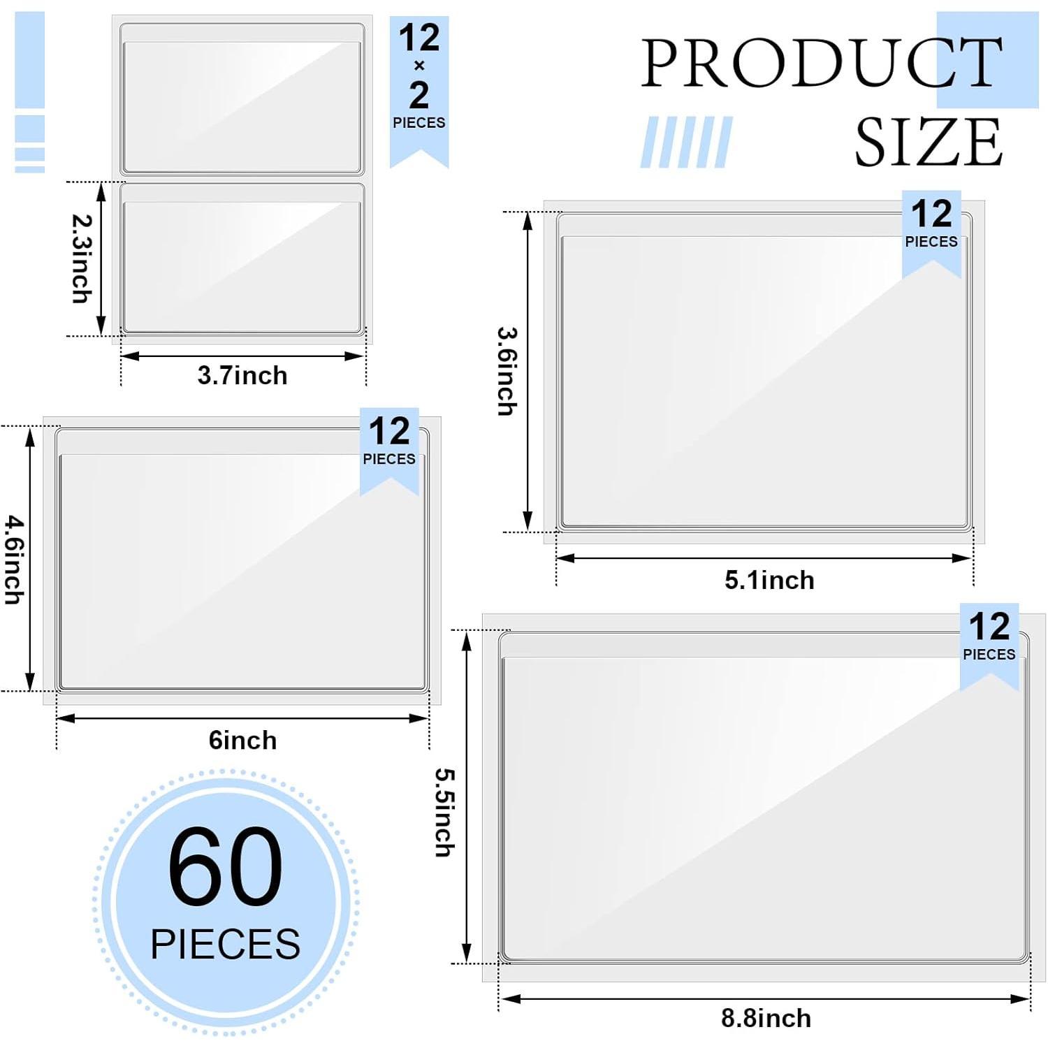 60 count Clear Adhesive Pockets 4 Sizes Self Adhesive Index Card Pockets Self Photo Sleeves Business Clear for Planners and Binders