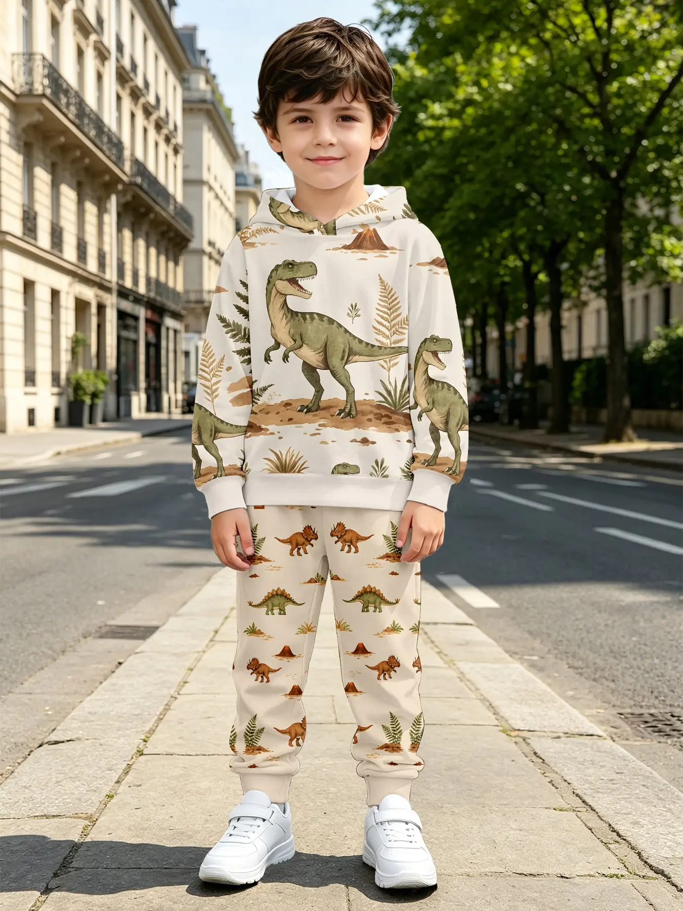 Boys' Retro Jurassic Dinosaur Print Hoodie Set, Casual Long Sleeve Sweatshirt and Pants, Fall & Winter Loose-Fitting