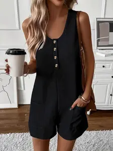 2026 Summer Casual Romper Sleeveless Waffle Knit Jumpsuits for Women, Soft Stretch One Piece with Pockets, All Seasons Fitted Style