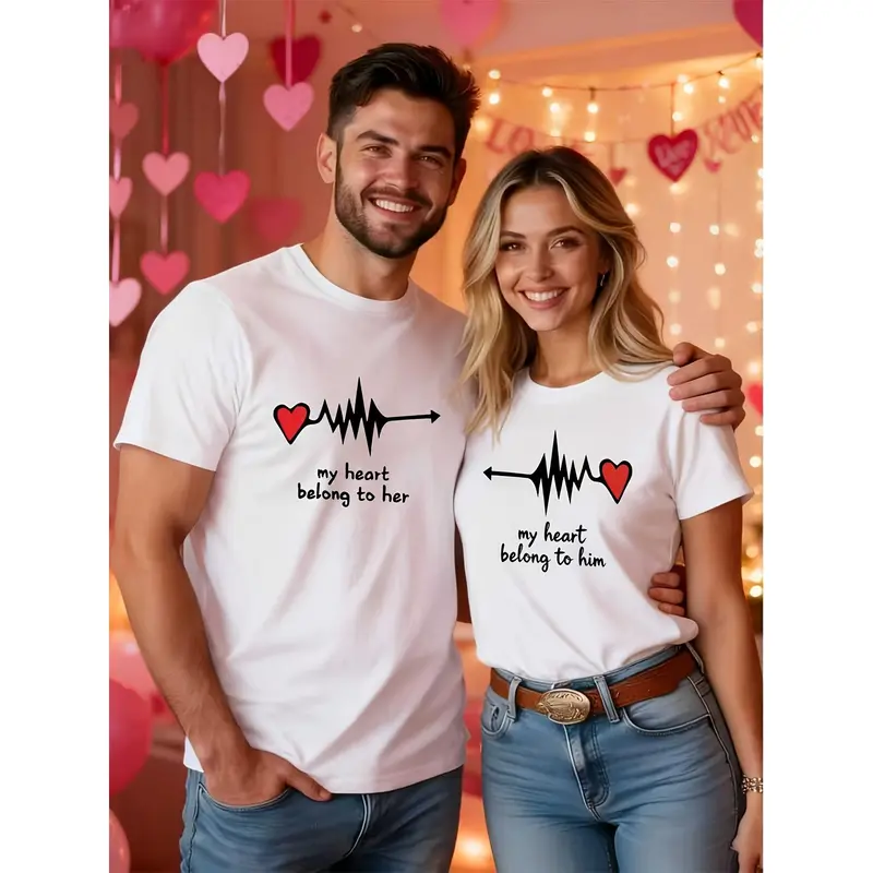 Valentine'S Day Limited Couple'S T-Shirt | Heartbeat Interaction Printed Couple'S Tee - Spring/Summer Soft Breathable Short-Sleeve Round Neck Casual Top, Machine Washable, Regular Fit | Ideal for Holiday Outfits