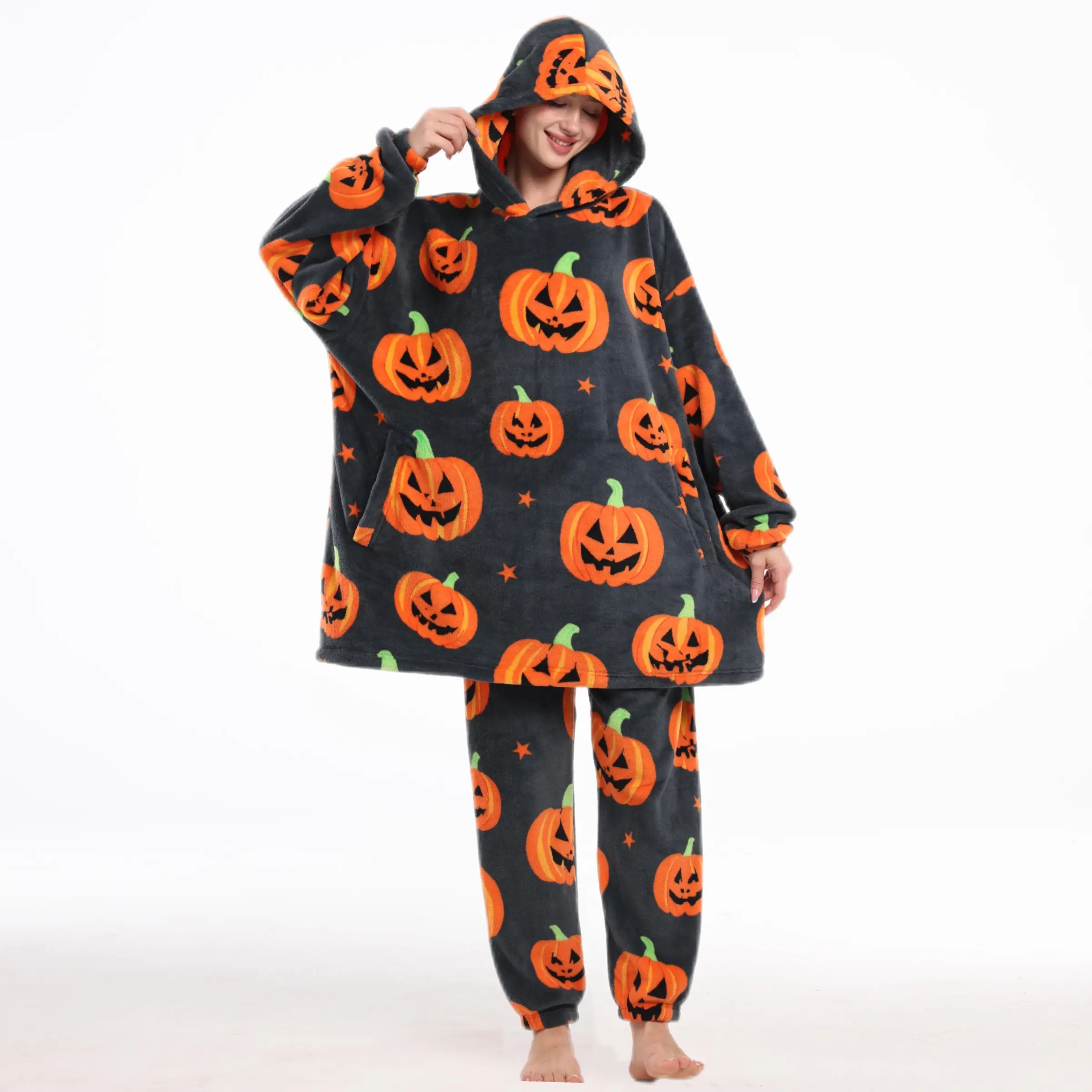 Corrugated Pumpkin Pattern Print Loungewear Set, Unisex, Hooded with Pockets, Cozy and Warm, Ideal for Fall/winter Gifts