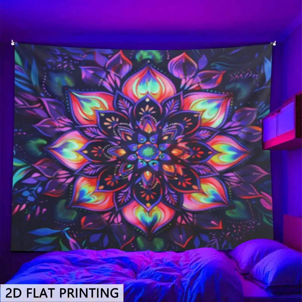 UV-Activated Glow-in-The-Dark Cotton Tapestry, Neon Bohemian Mandala Wall Hanging with Stitchwork, Hand-Wash-Only Vertical Peel Skin Fabric Indoors Decor for Bedrooms, Dorm Rooms