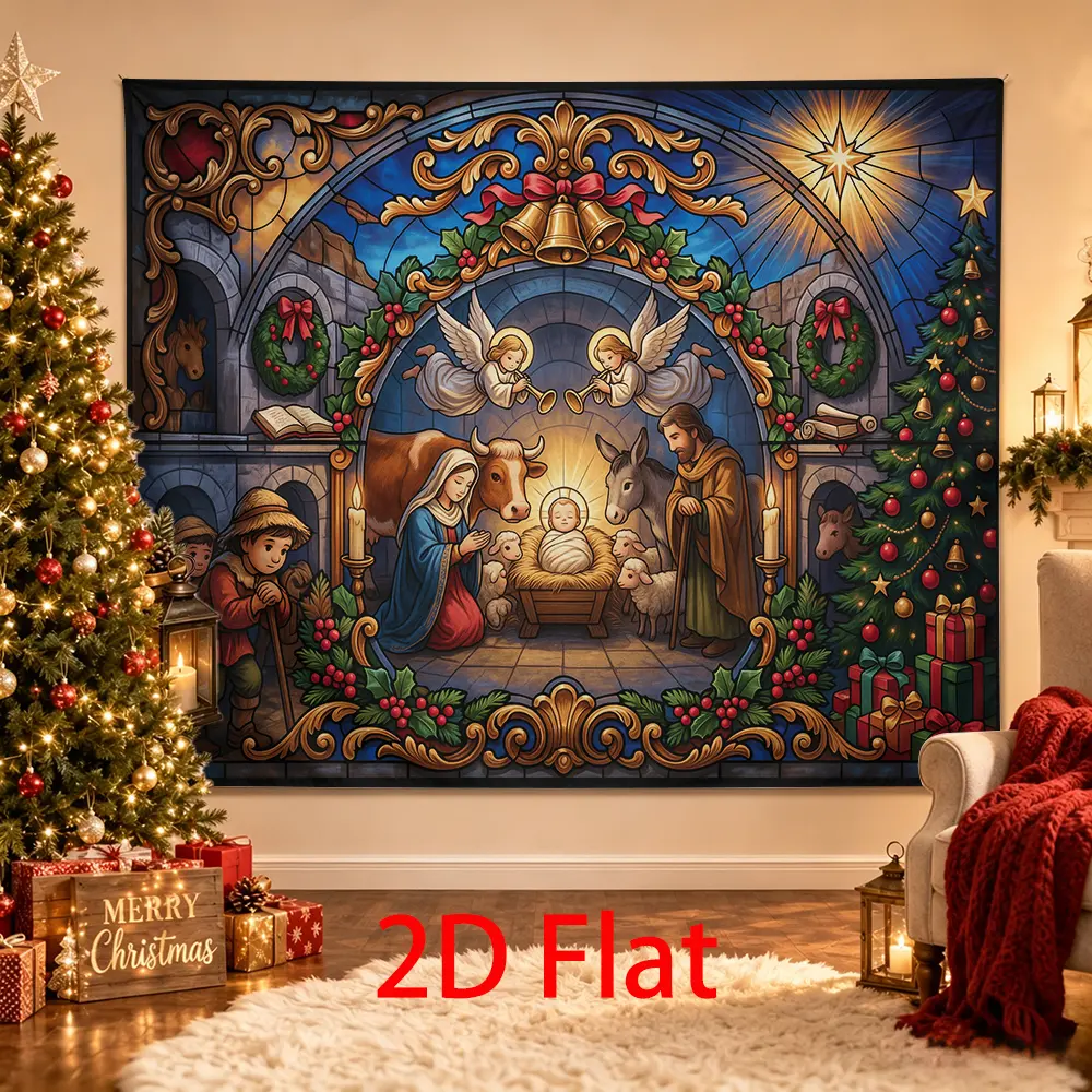 Ornate Nativity Christmas Backdrop with Holy Family, Angels, Manger, Shepherds, Animals and Christmas Tree