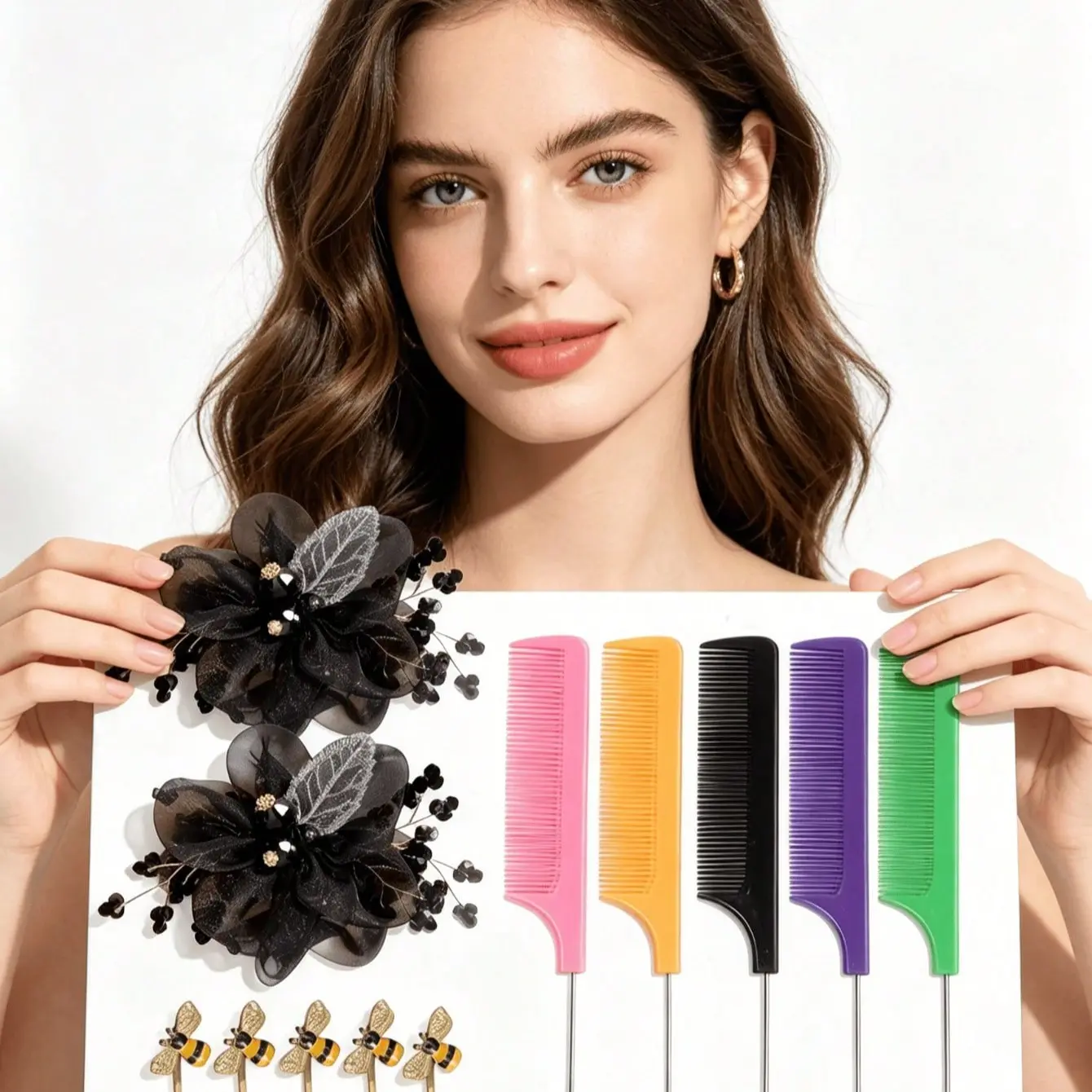 12pcs Vintage Lace Flower Hair Clips, Bee Straight Clip, Colorful Tail Comb Set, Women's Party Hairstyling Tools Combo