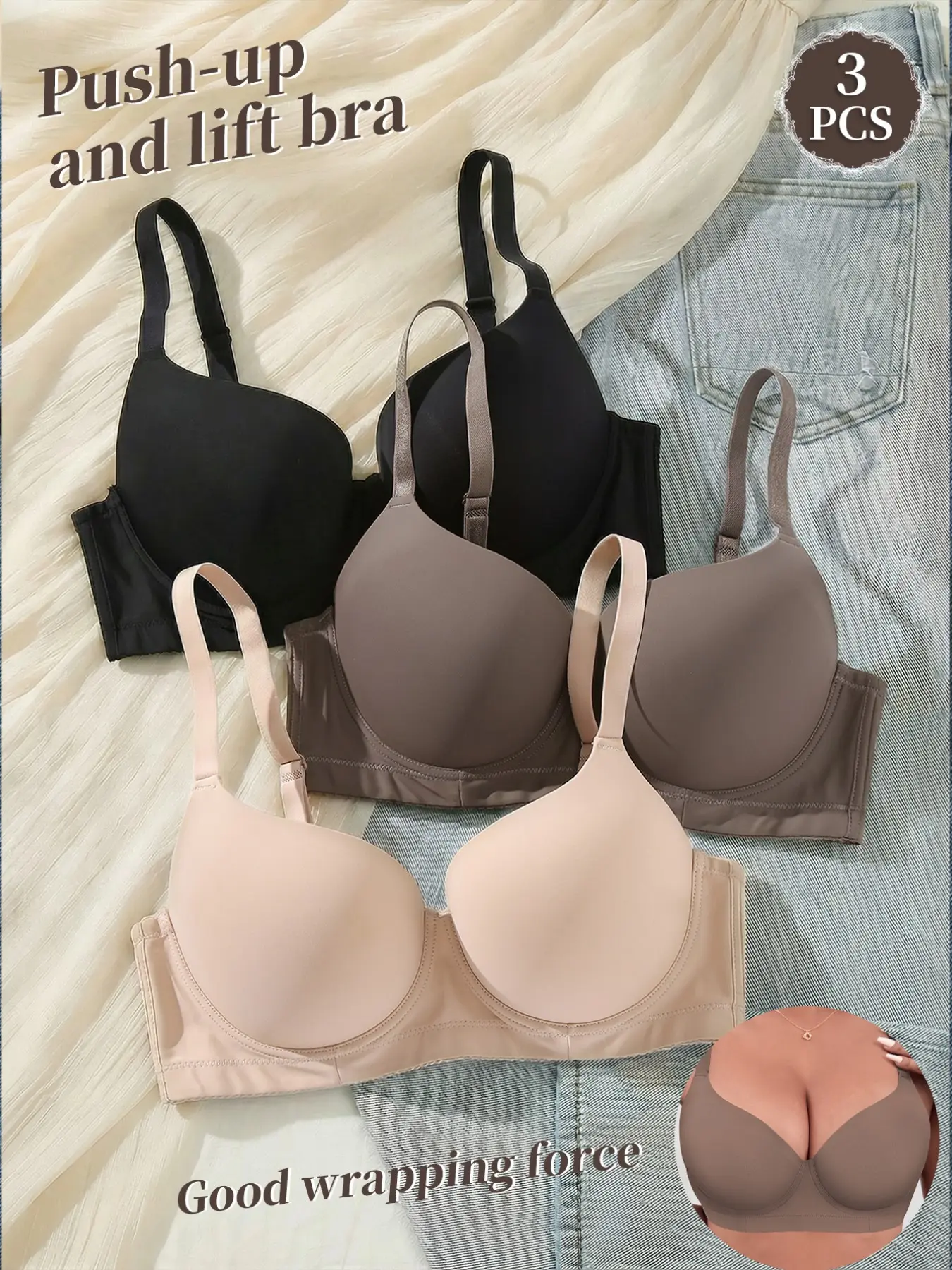 3PCSWomen's Full Bust Underwire Medium Support Bra, Wide Pressure-Relief Straps & Elastic Wide Band, Conceals Armpit Fat and Prevents Spillage, Lifts Bust for Daily Comfort