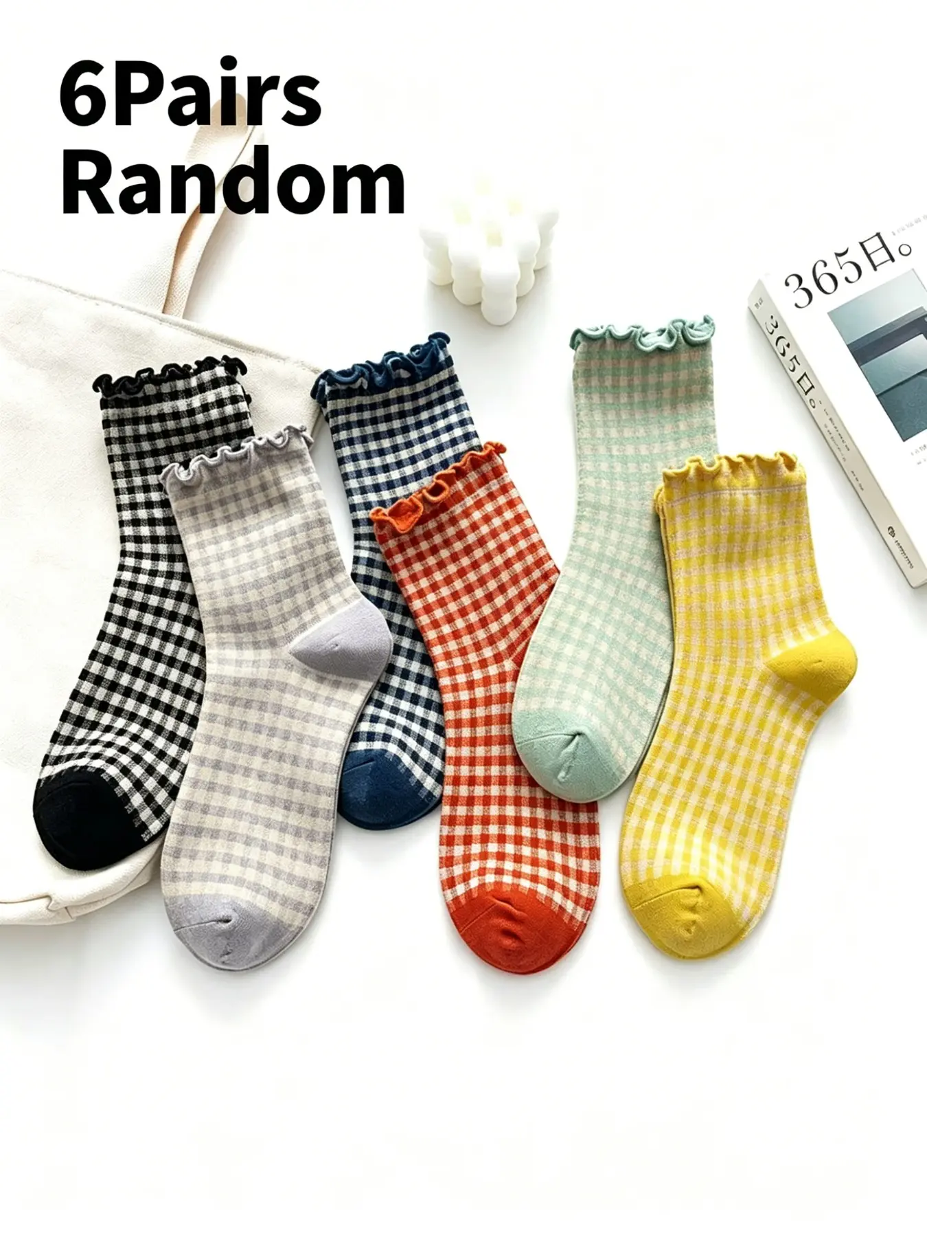 6 Pairs Random Ruffle Cuff Gingham Plaid Crew Socks, Pastel Checkered Frilly Mid Calf Stackable Socks, Elastic Breathable Sweet Aesthetic Casual Socks for Teen Girls Women Campus Daily Vintage Outfits