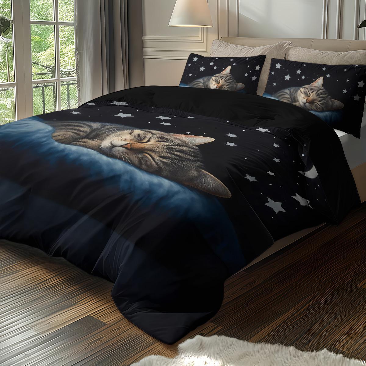 3pcs Cat sleeping pattern printed bedding set, 1 quilt cover and 2 pillowcases, breathable polyester fiber, suitable for all seasons, suitable for teenagers and adults' bedrooms, home decoration, Soft Bedding Set