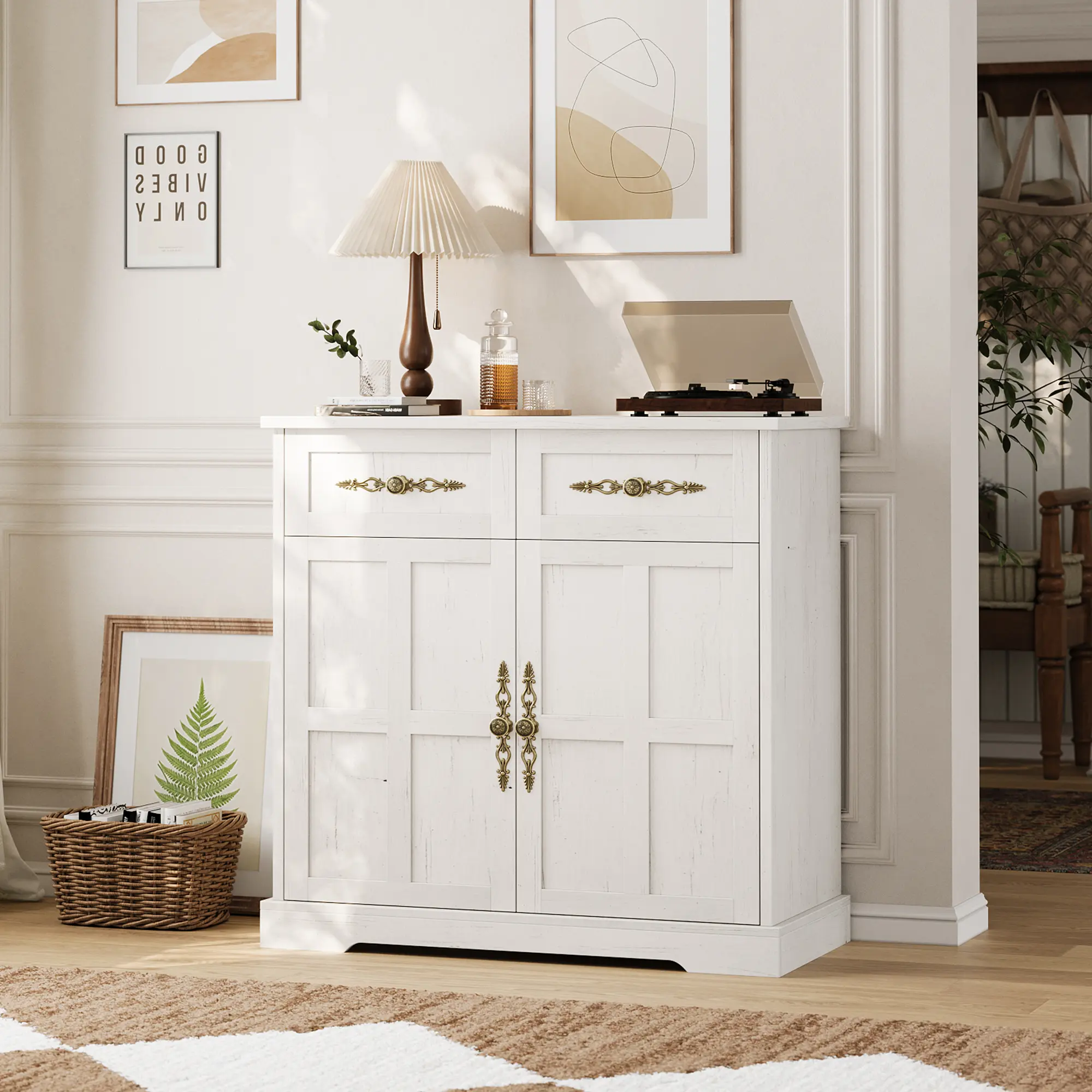 33.5" Wide Buffet Cabinet with 4 Drawers & Gold Handles,Tall Kitchen Buffet Storage Cabinet, 2 Drawers, Modern Coffee Bar Cabinet, Storage Cabinet for Kitchen Dining Room ﻿