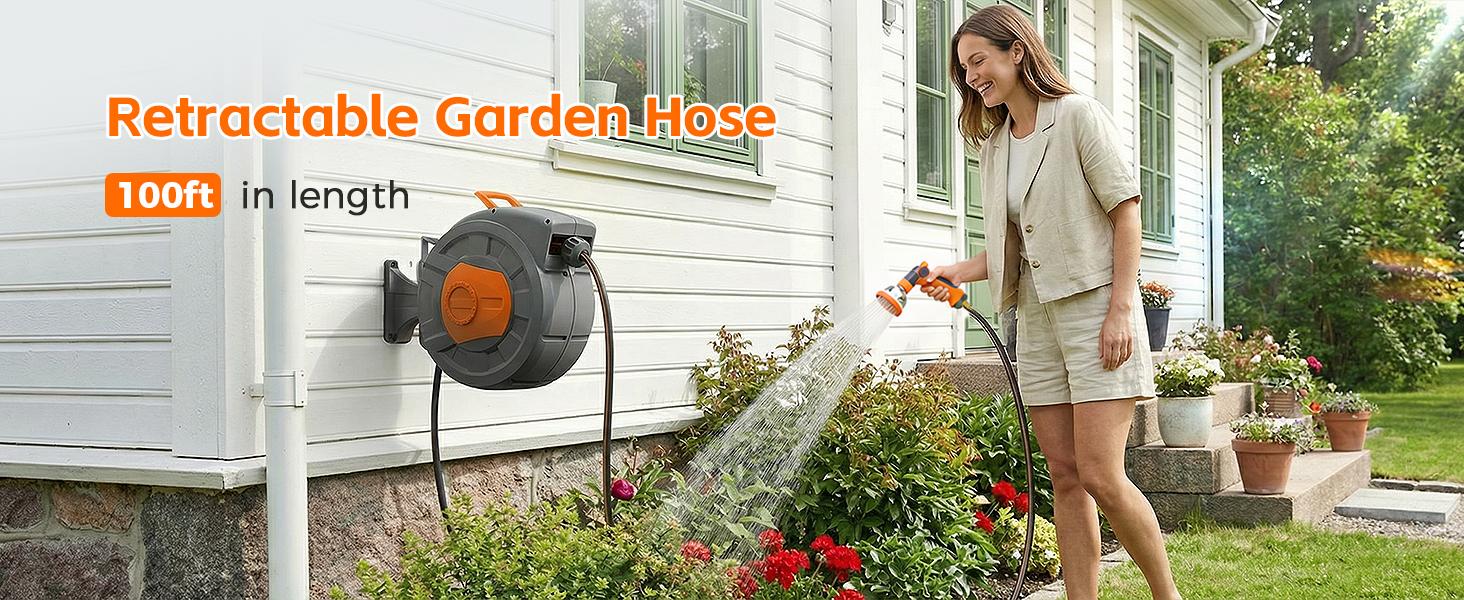 Retractable Garden Hose Reel 100 FT, 1/2" Heavy Duty Garden Hose 435 PSI Burst Pressure, Wall Mounted Water Hose Reel with 10-Pattern Nozzle, 180 °   Swivel, Slow Auto Rewind & Any Length Lock
