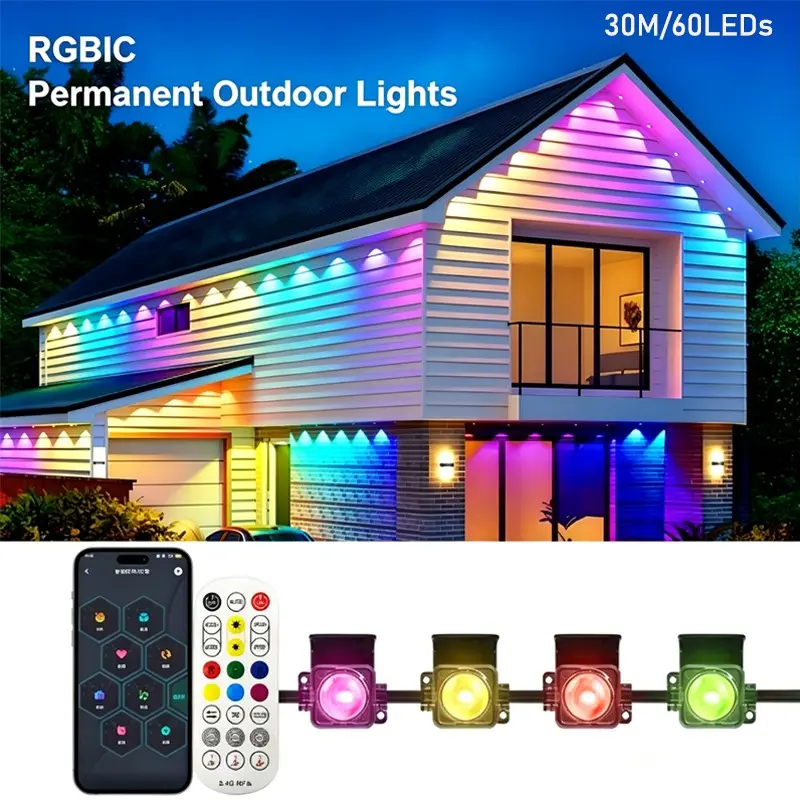 1 Set of Black Permanent Outdoor Lights (Pro Version) – 100ft (approx. 30m) Christmas Decorative Lights featuring 60 RGBCW Dual-Lens Eave Lights; cuttable, IP67 waterproof, suitable for both everyday and holiday decoration.