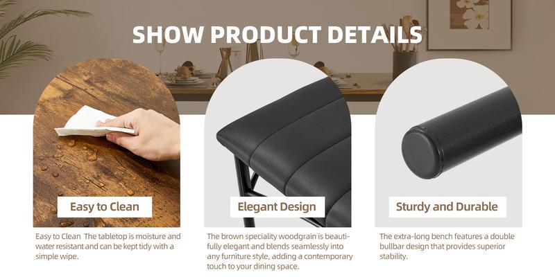 Dining Table Set for 4, Kitchen Table with Upholstered Bench and 2 Chairs, 4-Piece Kitchen Table for Small Space, Dining Room, Home, Kitchen, Retro Brown