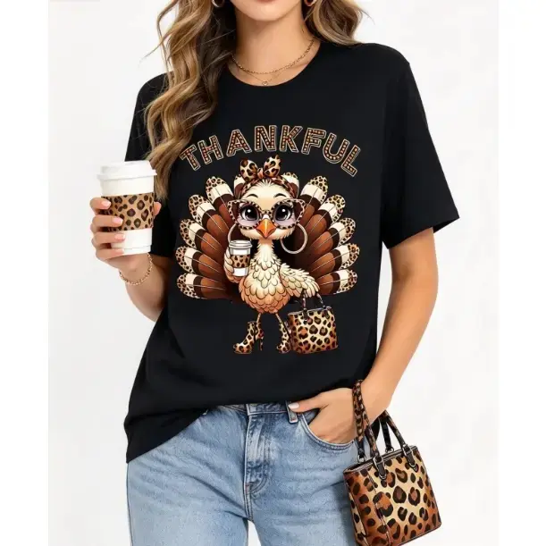 Women's Casual Comfortable Crew Neck Leopard Print Turkey T-Shirt - Lightweight Fabric Cute Graphic Tee, Unisex Thanksgiving Fall Gift