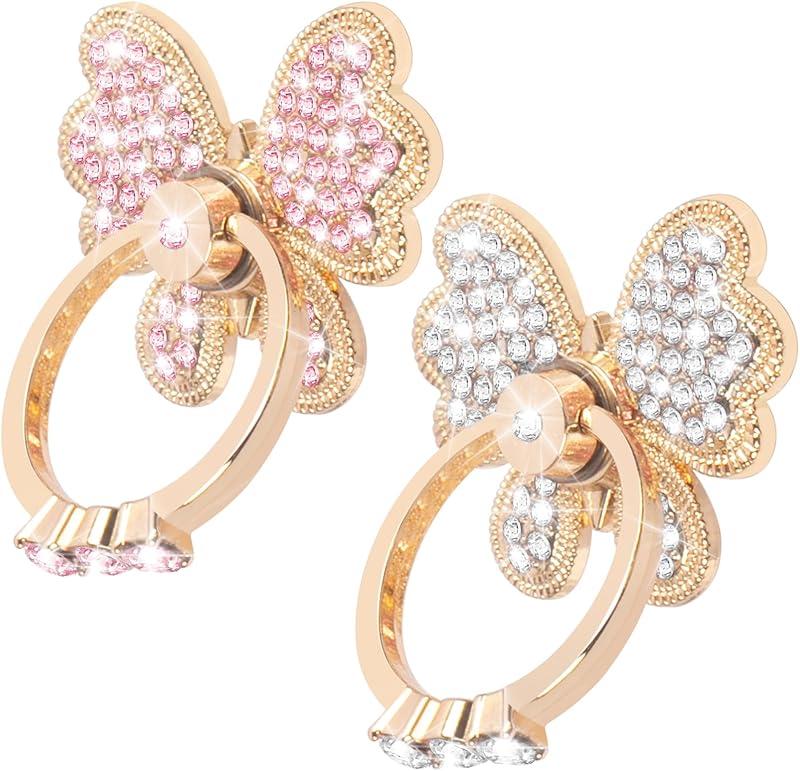 Finger ring stand grip, 2 pack luxury glitter diamond universal metal pop socket for iPhone 16/15/14/13 Pro Max, Galaxy S24/S23/S22 ultra, finger ring grip holder for all smartphone, white/pink