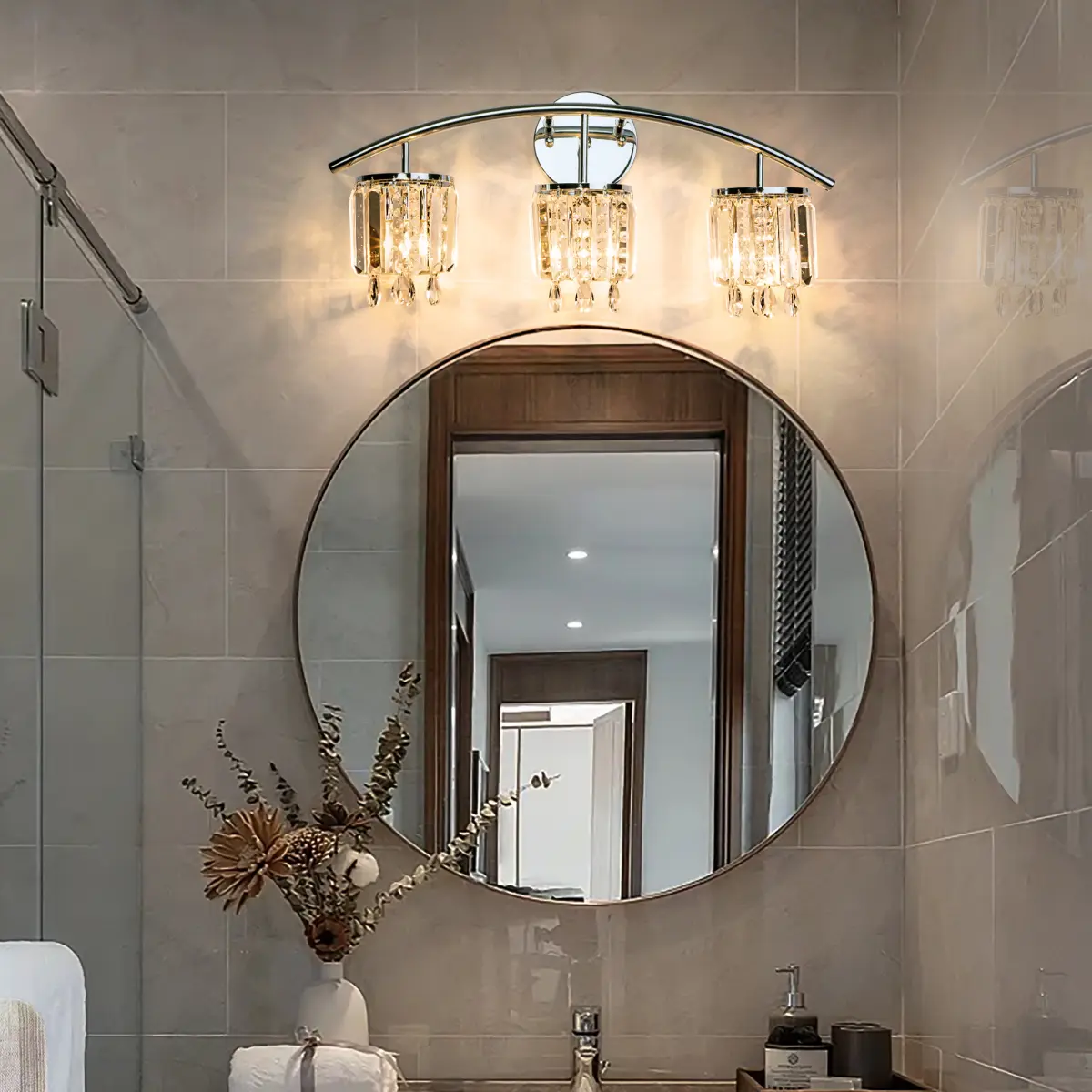 Crystal Wall Sconce, 3-Light Modern Bathroom Vanity Light Over Mior, Chrome Wall Light Fixtures, Luxury Indoor Wall Mount Lamp for Living Room, Bedroom, Bathroom