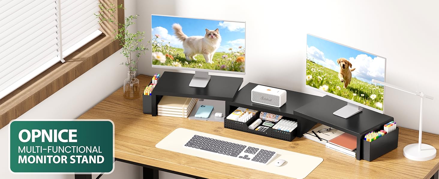 OPNICE Desk Organizer and Accessories, 2-Tier Computer Monitor Stand Riser with Drawer and 2 Pen Holders, Laptop Stand, Office Desk Accessories for Office Supplies, Black OPNICE Desk Organizer and Accessories, 2-Tier Computer Monitor Stand Riser with Drawer and 2 Pen Holders, Laptop Stand, Office Desk Accessories for Office Supplies, Black