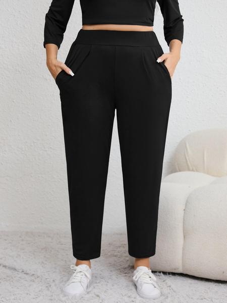 Plus Size Solid Plicated Pocket Elastic Waist Joggers, Casual Sporty High Waist Trousers for Women, Women's Sportswear for Indoor Outdoor Wear