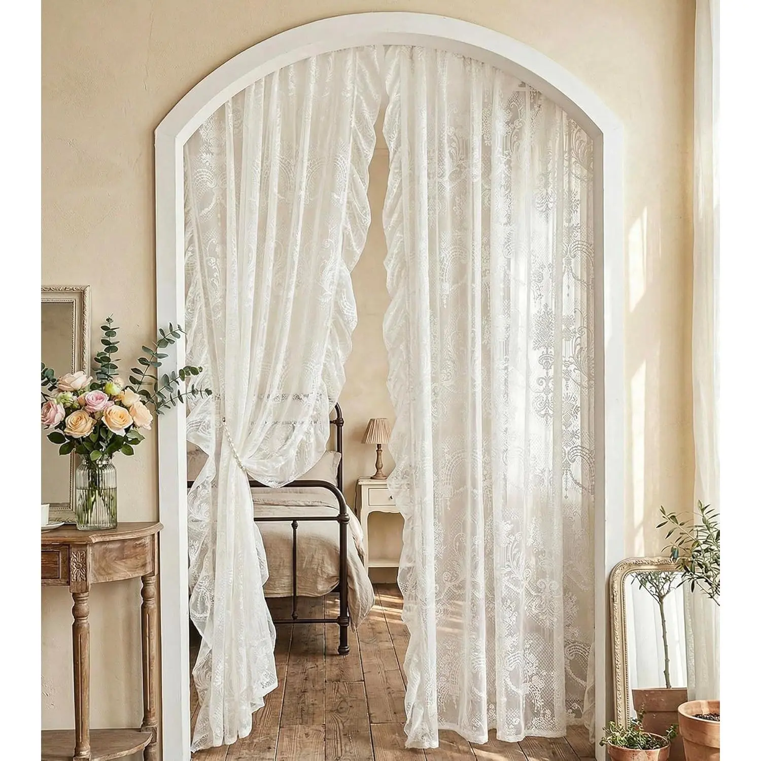 White Lace Sheer Curtains with Ruffle 84 Inches Long 2 Panels for Living Room Bedroom, Rod Vintage Boho Floral Sheer Curtains Elegant French Rustic Flowy Drapes,55 x 84 Inch